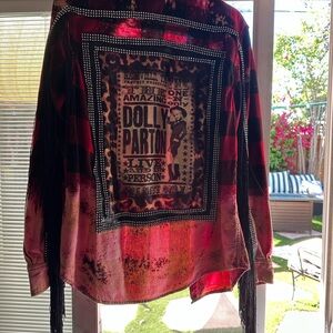 Dollywood Inspired Red Plaid Fringe Graphic Shirt